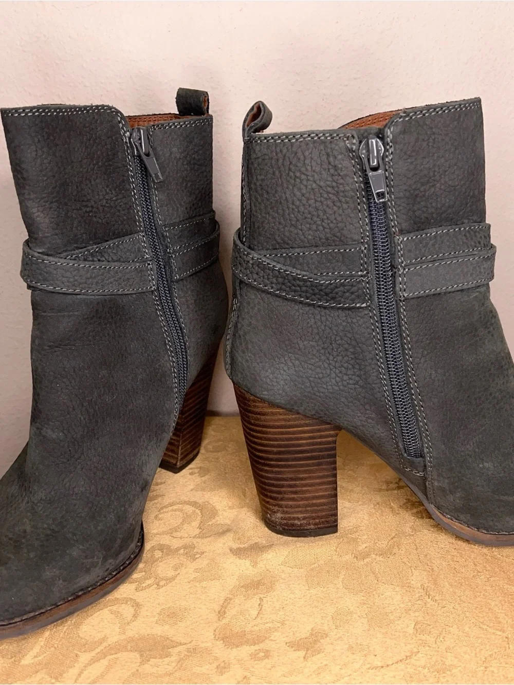 Size 6.5 Lucky Brand Latonya Block Heel Boots Leather Grey Boho Western Bohemian